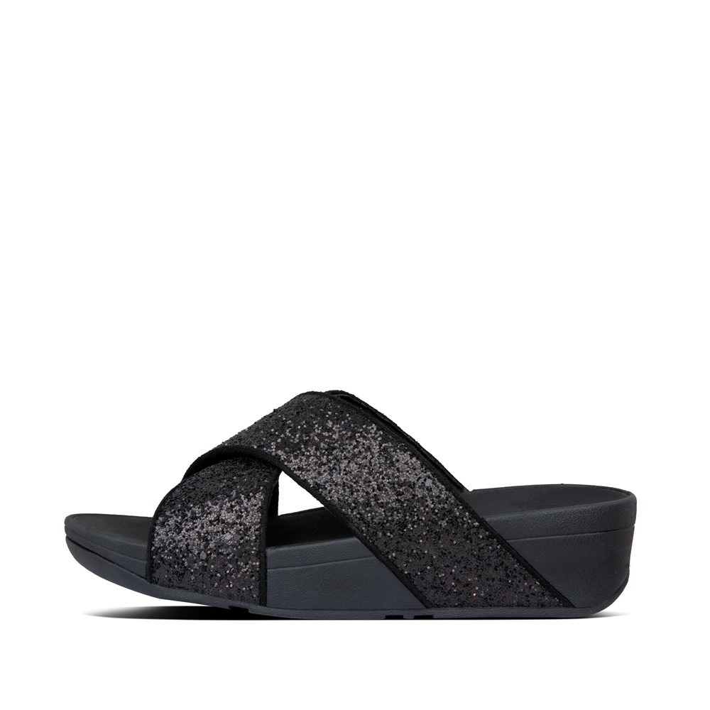 Fitflop Womens Slides Black - Lulu Glitter Cross - 19UQTYKXO